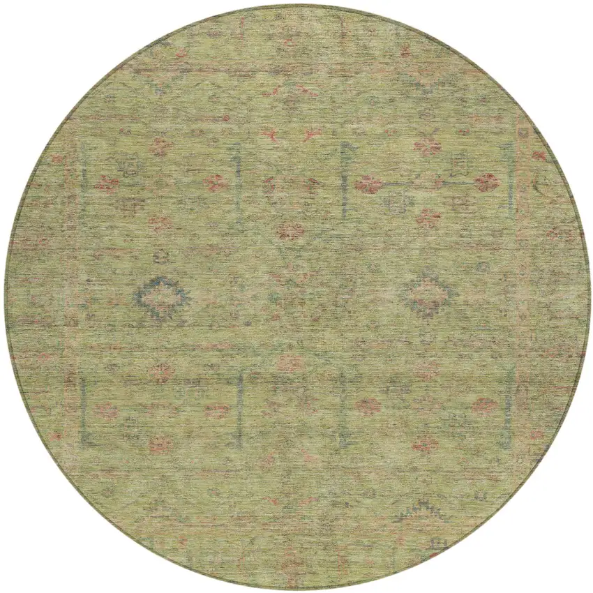 8' Artichoke Green Pink And Tan Round Floral Washable Indoor Outdoor Area Rug Photo 2