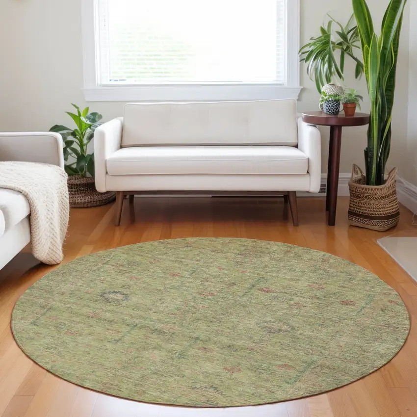 8' Artichoke Green Pink And Tan Round Floral Washable Indoor Outdoor Area Rug Photo 8