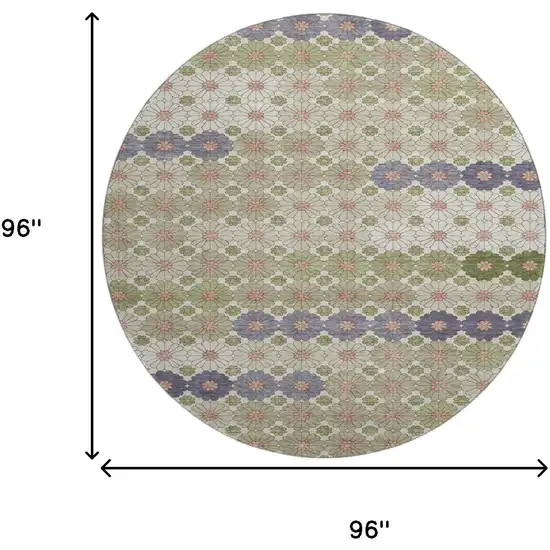 8' Artichoke Green Purple And Beige Geometric Washable Round Rug With UV Protection Photo 9