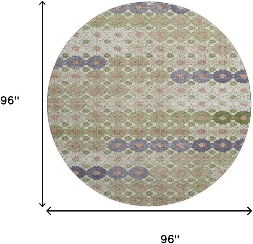 8' Artichoke Green Purple And Beige Geometric Washable Round Rug With UV Protection Photo 9