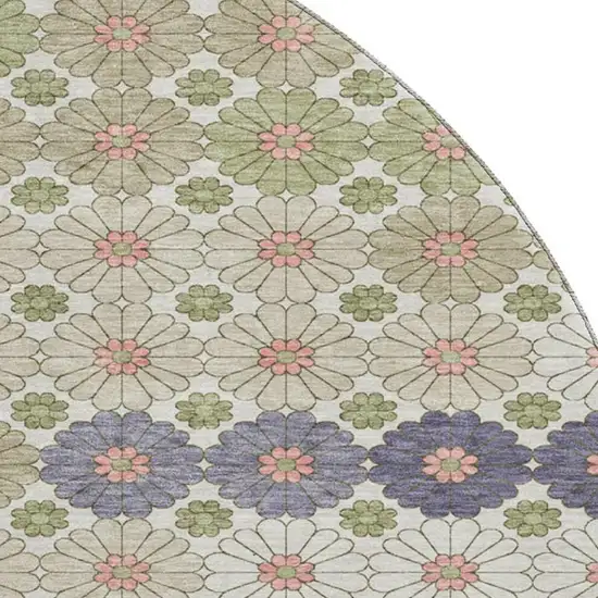 8' Artichoke Green Purple And Beige Geometric Washable Round Rug With UV Protection Photo 2