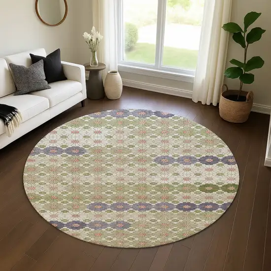 8' Artichoke Green Purple And Beige Geometric Washable Round Rug With UV Protection Photo 4