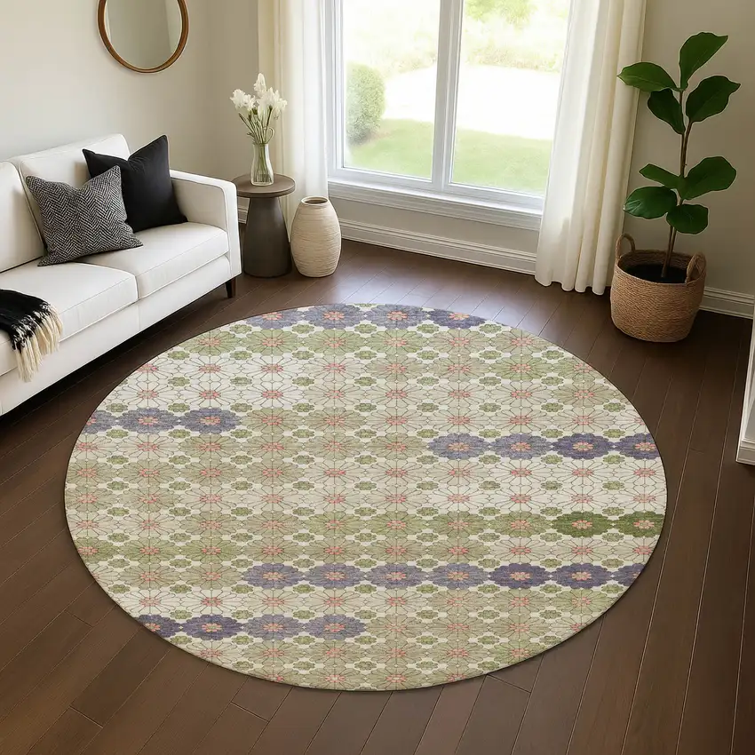 8' Artichoke Green Purple And Beige Geometric Washable Round Rug With UV Protection Photo 4