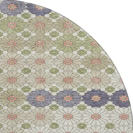 8' Artichoke Green Purple And Beige Geometric Washable Round Rug With UV Protection Photo 3