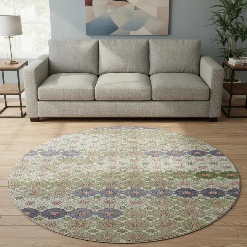 8' Artichoke Green Purple And Beige Geometric Washable Round Rug With UV Protection Photo 2