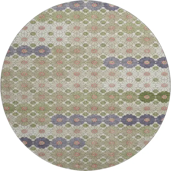 8' Artichoke Green Purple And Beige Geometric Washable Round Rug With UV Protection Photo 1