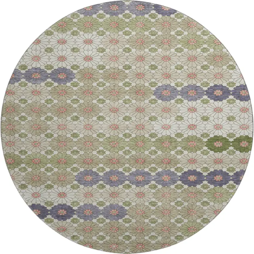 8' Artichoke Green Purple And Beige Geometric Washable Round Rug With UV Protection Photo 1