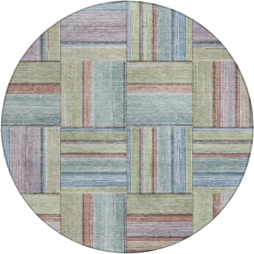 8' Artichoke Green Purple And Blue Round Geometric Washable Indoor Outdoor Area Rug Photo 2