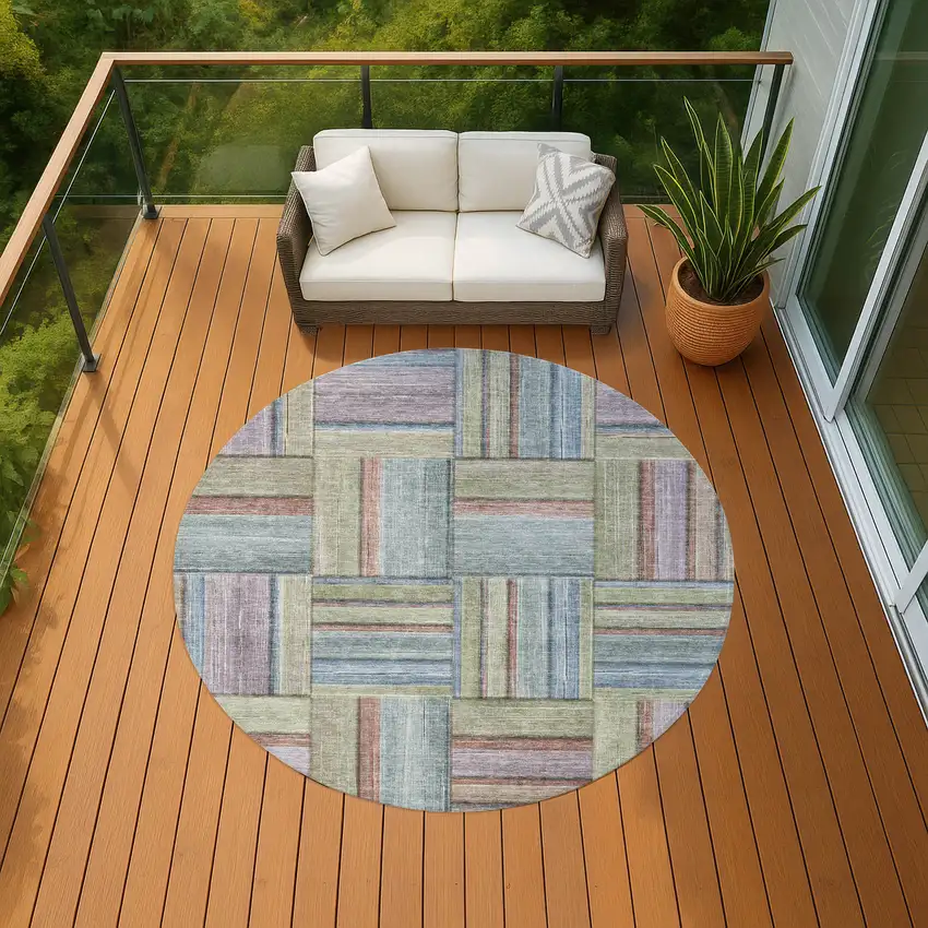 8' Artichoke Green Purple And Blue Round Geometric Washable Indoor Outdoor Area Rug Photo 8