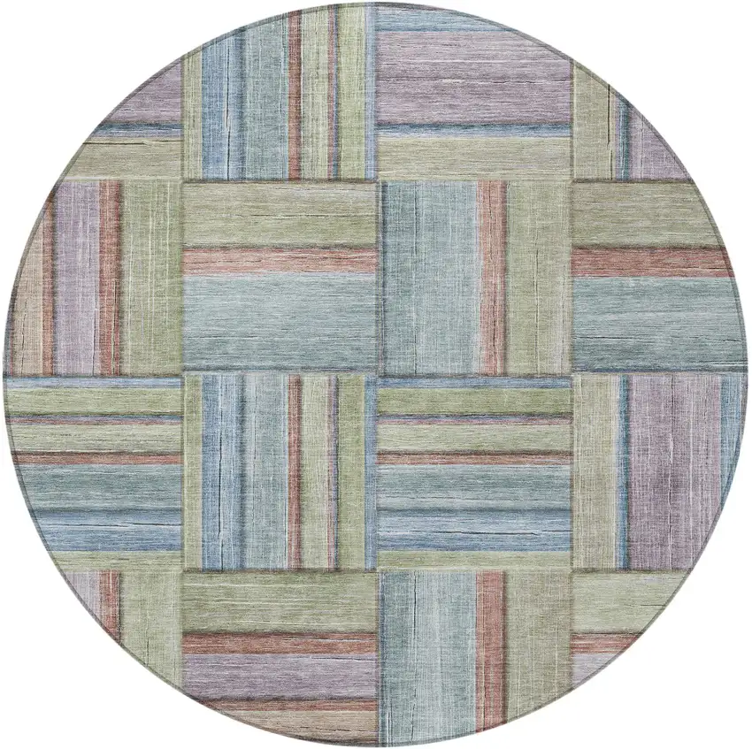 8' Artichoke Green Purple And Blue Round Geometric Washable Indoor Outdoor Area Rug Photo 5