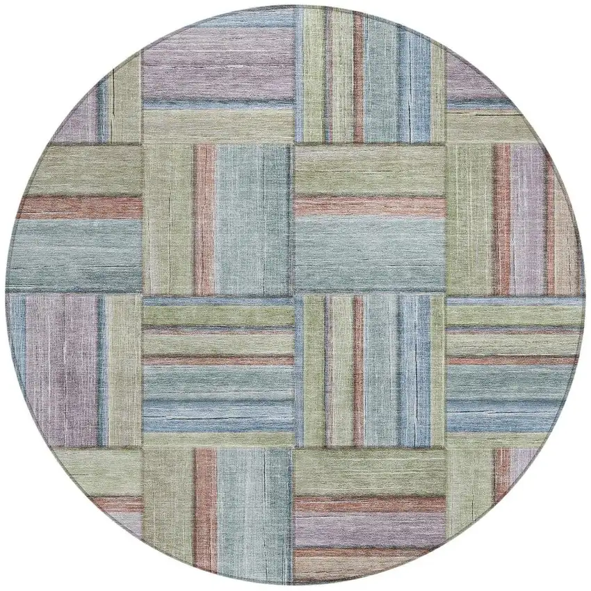 8' Artichoke Green Purple And Blue Round Geometric Washable Indoor Outdoor Area Rug Photo 4