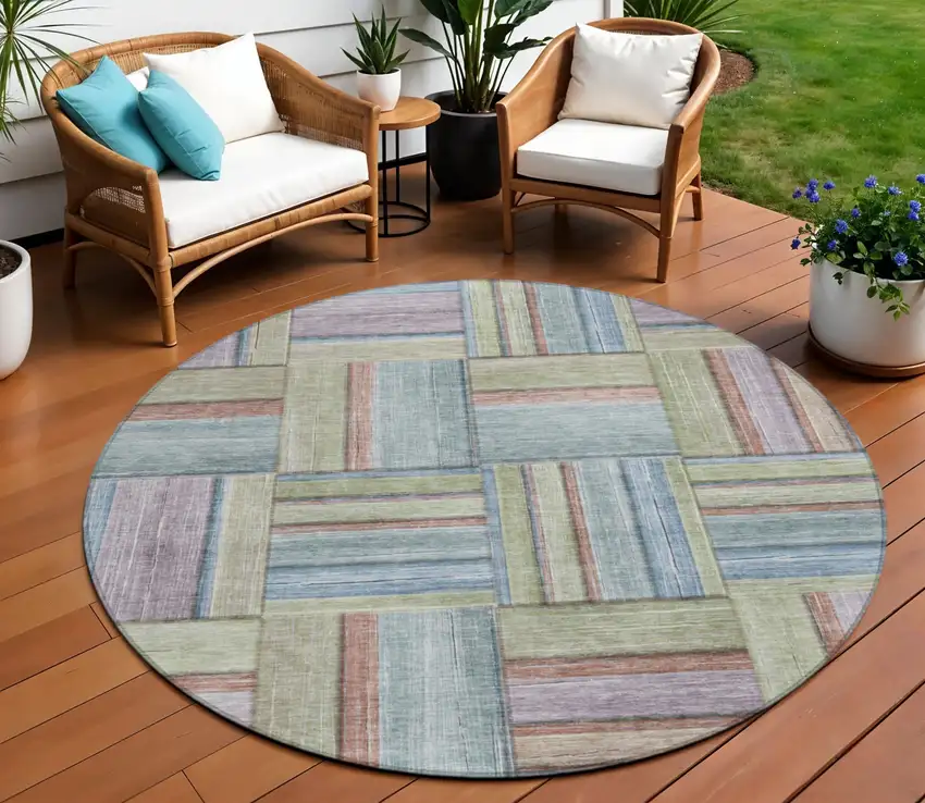 8' Artichoke Green Purple And Blue Round Geometric Washable Indoor Outdoor Area Rug Photo 1