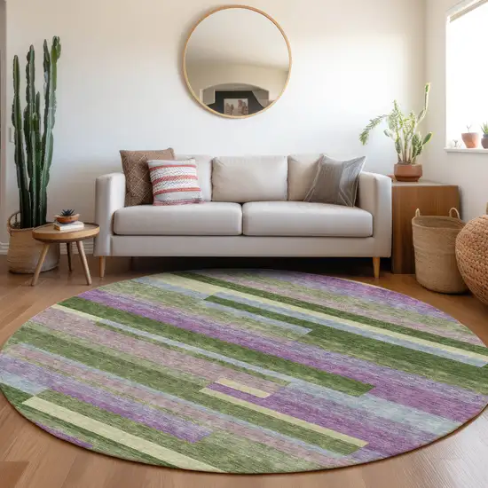 8' Artichoke Green Purple And Blue Striped Washable Round Rug With UV Protection Photo 4
