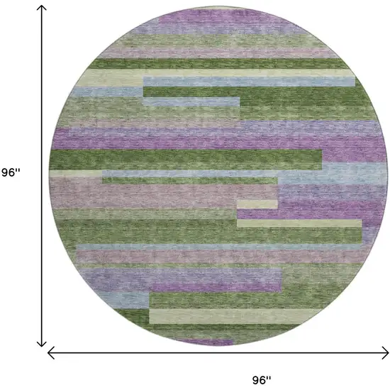 8' Artichoke Green Purple And Blue Striped Washable Round Rug With UV Protection Photo 9