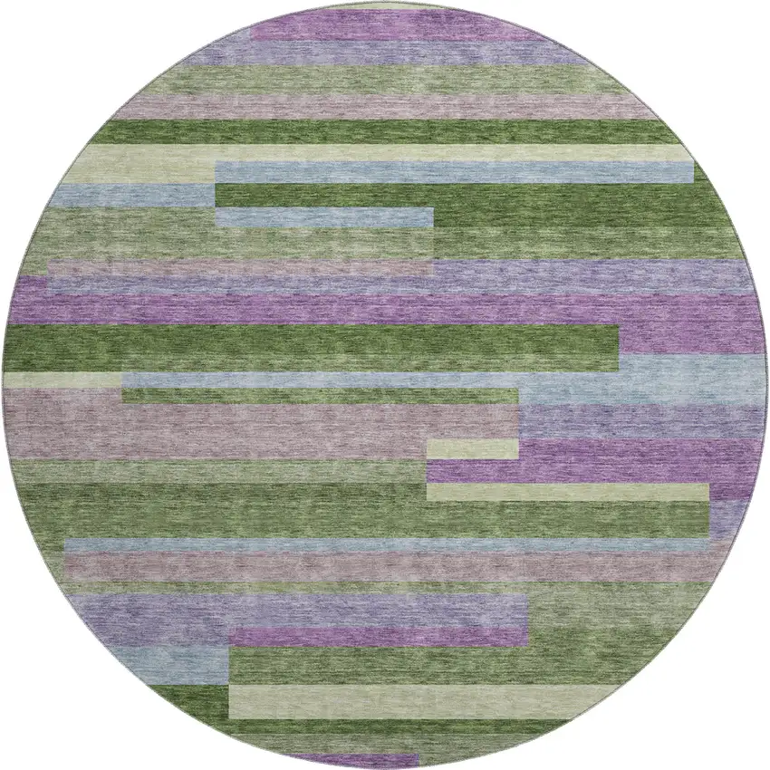 8' Artichoke Green Purple And Blue Striped Washable Round Rug With UV Protection Photo 1