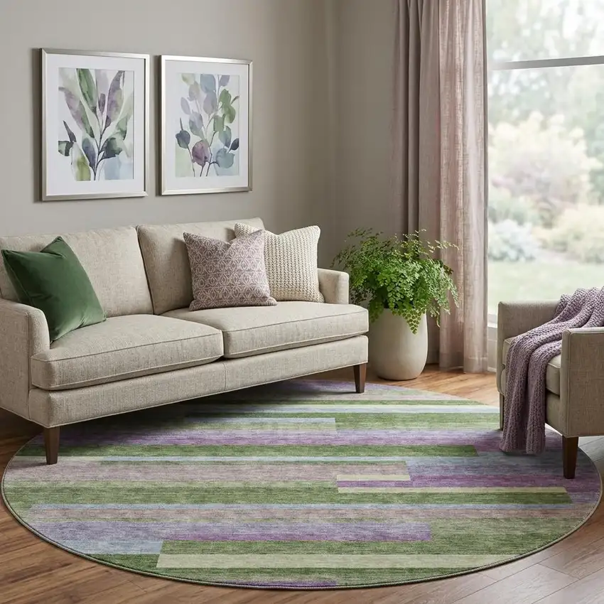 8' Artichoke Green Purple And Blue Striped Washable Round Rug With UV Protection Photo 1