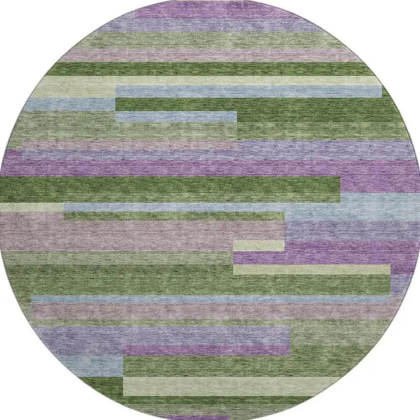 8' Artichoke Green Purple And Blue Striped Washable Round Rug With UV Protection Photo 3