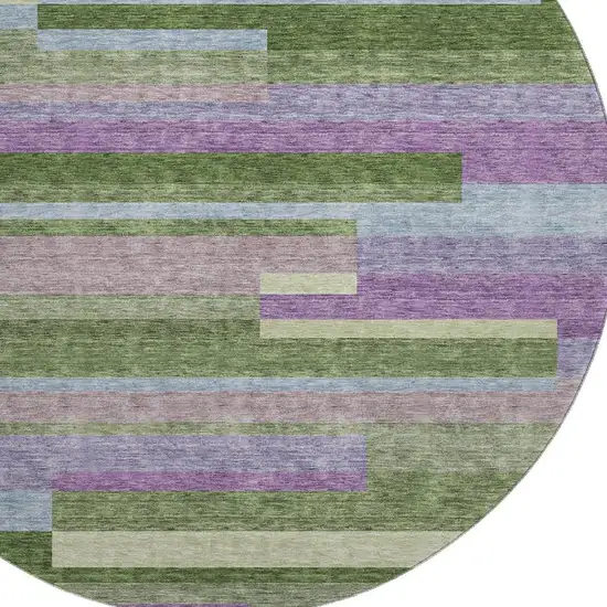 8' Artichoke Green Purple And Blue Striped Washable Round Rug With UV Protection Photo 2