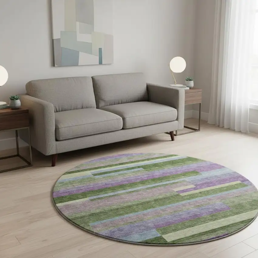 8' Artichoke Green Purple And Blue Striped Washable Round Rug With UV Protection Photo 2