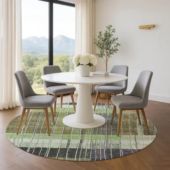 8' Artichoke Green Purple And Charcoal Striped Washable Round Rug With UV Protection Photo 5