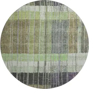 Photo of 8' Artichoke Green Purple And Charcoal Striped Washable Round Rug With UV Protection