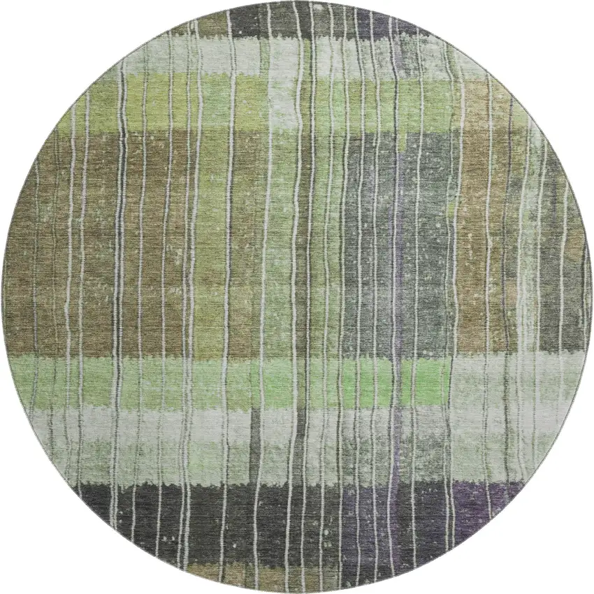 8' Artichoke Green Purple And Charcoal Striped Washable Round Rug With UV Protection Photo 1