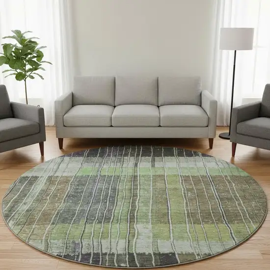 8' Artichoke Green Purple And Charcoal Striped Washable Round Rug With UV Protection Photo 2