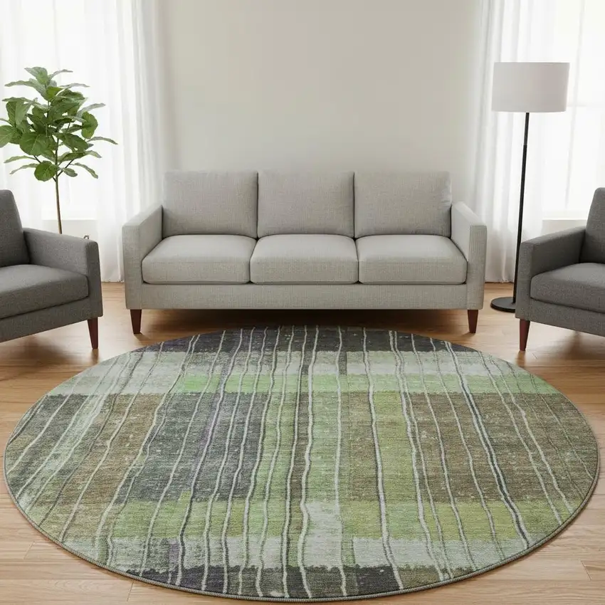 8' Artichoke Green Purple And Charcoal Striped Washable Round Rug With UV Protection Photo 2