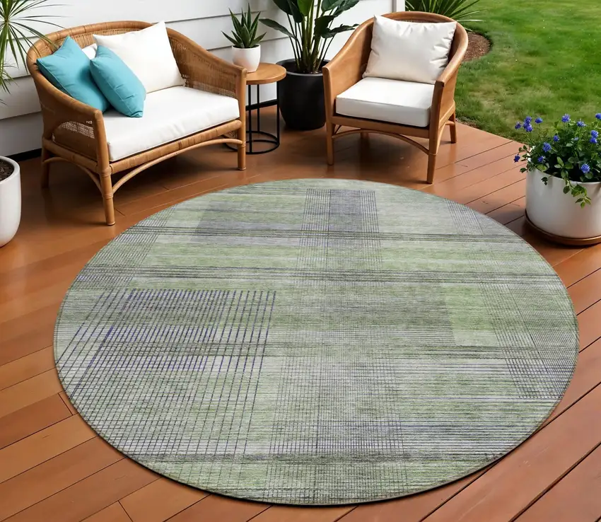 8' Artichoke Green Purple And Fern Green Round Striped Washable Indoor Outdoor Area Rug Photo 1