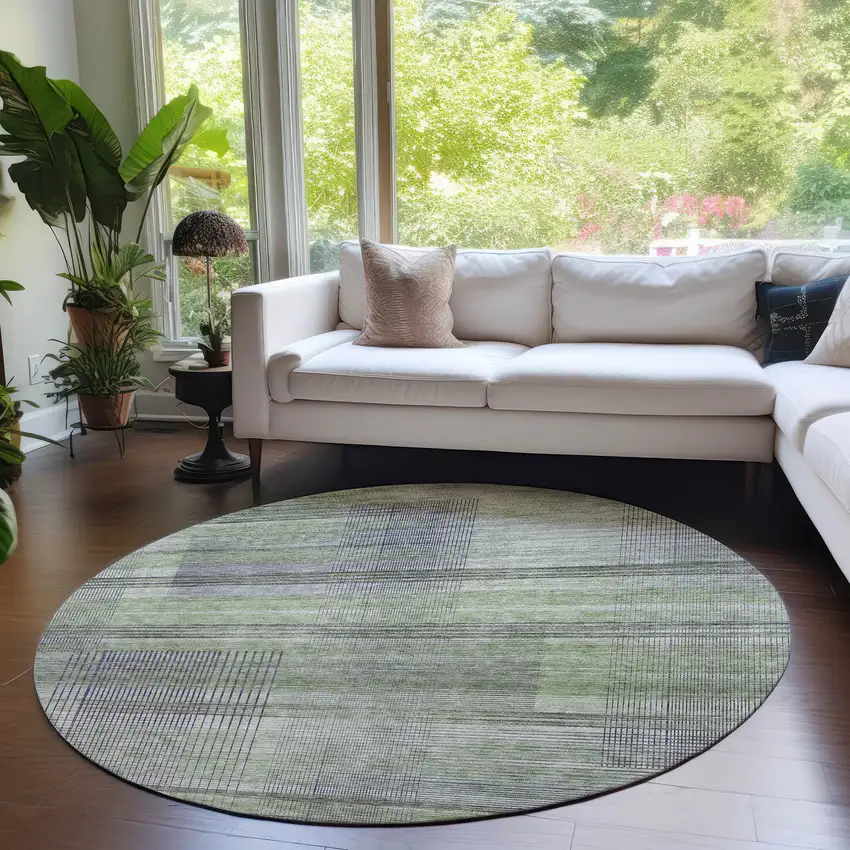 8' Artichoke Green Purple And Fern Green Round Striped Washable Indoor Outdoor Area Rug Photo 7