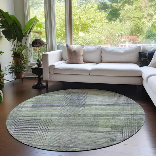8' Artichoke Green Purple And Fern Green Round Striped Washable Indoor Outdoor Area Rug Photo 7