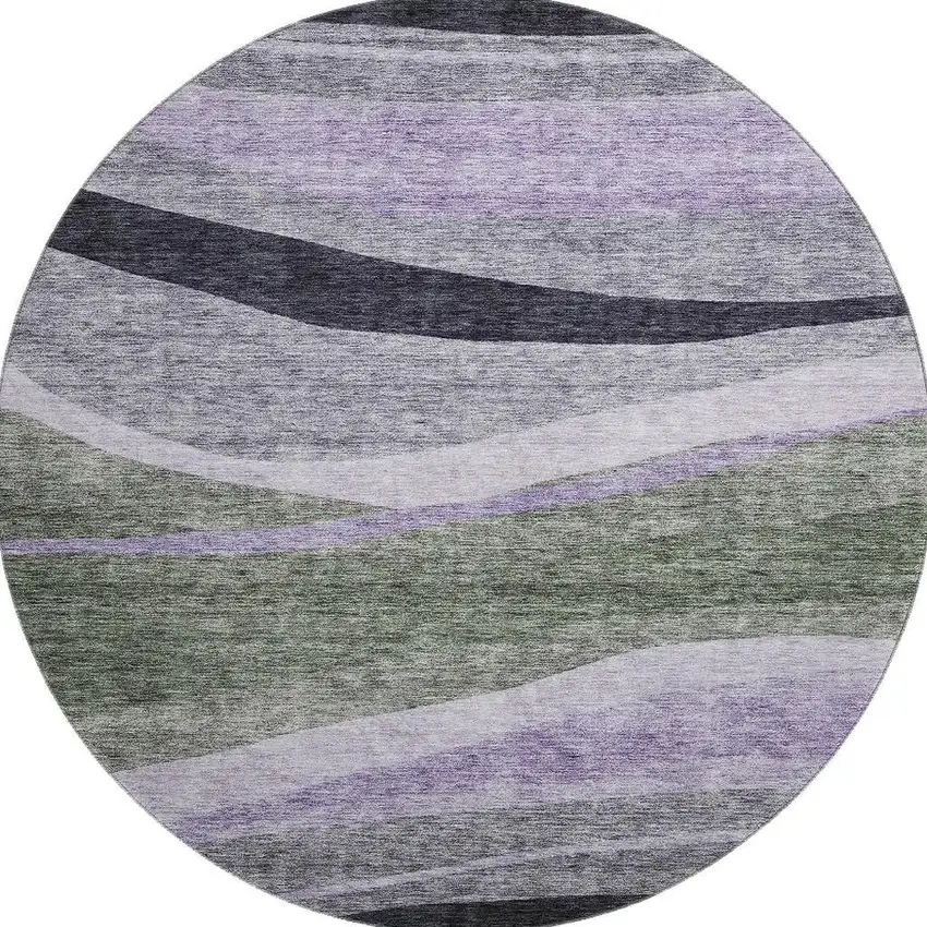 8' Artichoke Green Purple And Gray Abstract Washable Round Rug With UV Protection Photo 3