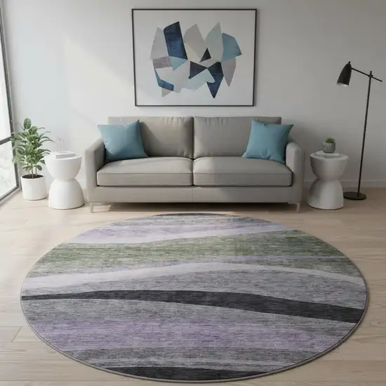 8' Artichoke Green Purple And Gray Abstract Washable Round Rug With UV Protection Photo 2
