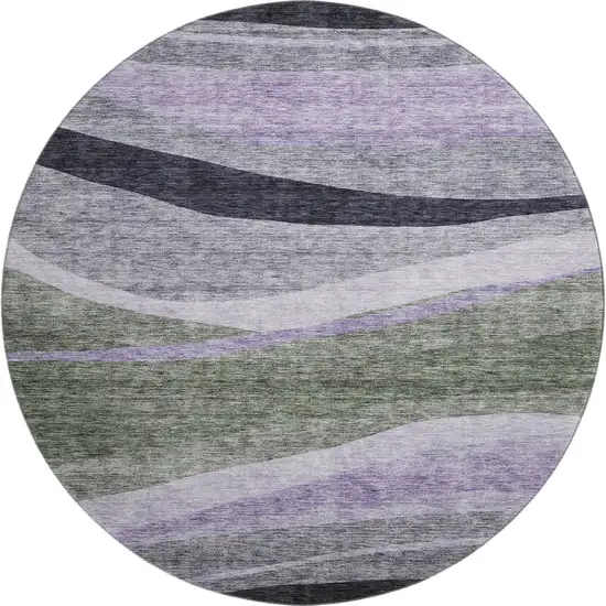 8' Artichoke Green Purple And Gray Abstract Washable Round Rug With UV Protection Photo 1
