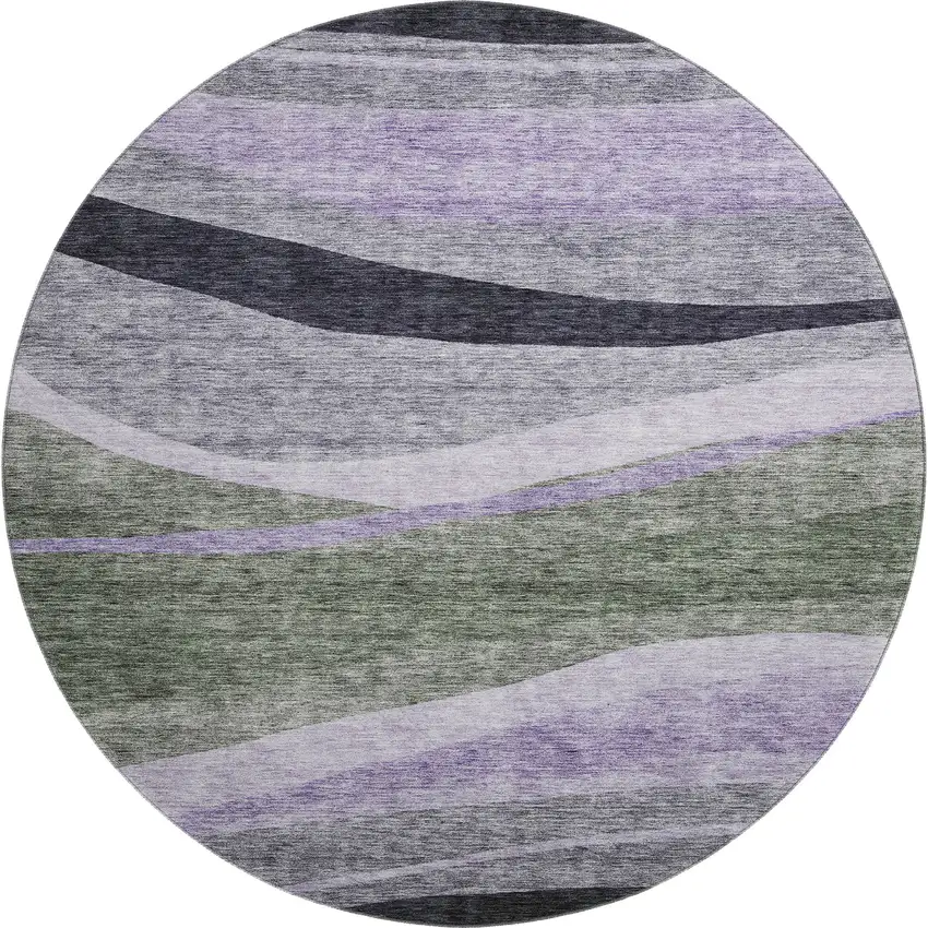 8' Artichoke Green Purple And Gray Abstract Washable Round Rug With UV Protection Photo 1