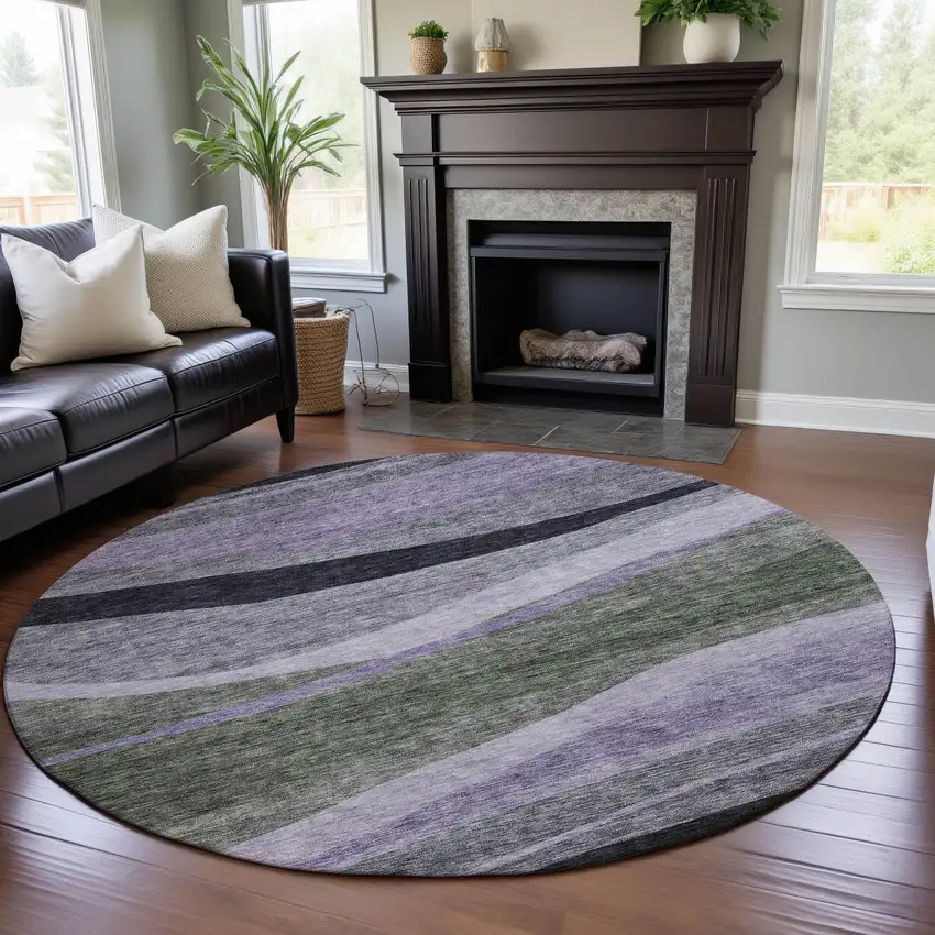 8' Artichoke Green Purple And Gray Abstract Washable Round Rug With UV Protection Photo 4
