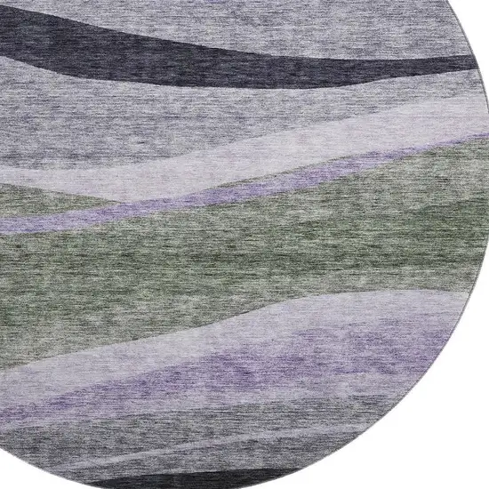 8' Artichoke Green Purple And Gray Abstract Washable Round Rug With UV Protection Photo 2