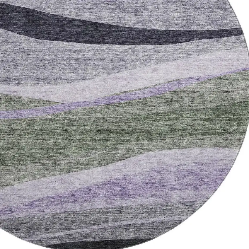 8' Artichoke Green Purple And Gray Abstract Washable Round Rug With UV Protection Photo 2