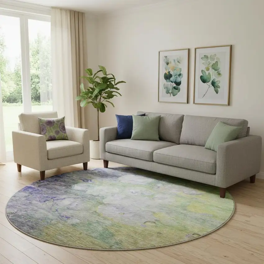 8' Artichoke Green Purple And Ivory Abstract Washable Round Rug With UV Protection Photo 1