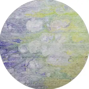 Photo of 8' Artichoke Green Purple And Ivory Abstract Washable Round Rug With UV Protection