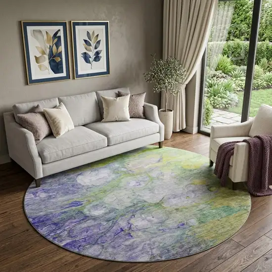 8' Artichoke Green Purple And Ivory Abstract Washable Round Rug With UV Protection Photo 1