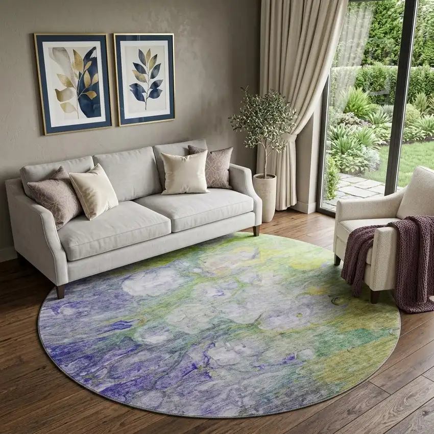 8' Artichoke Green Purple And Ivory Abstract Washable Round Rug With UV Protection Photo 1