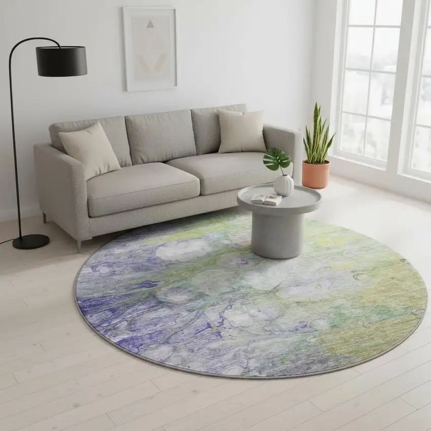 8' Artichoke Green Purple And Ivory Abstract Washable Round Rug With UV Protection Photo 2