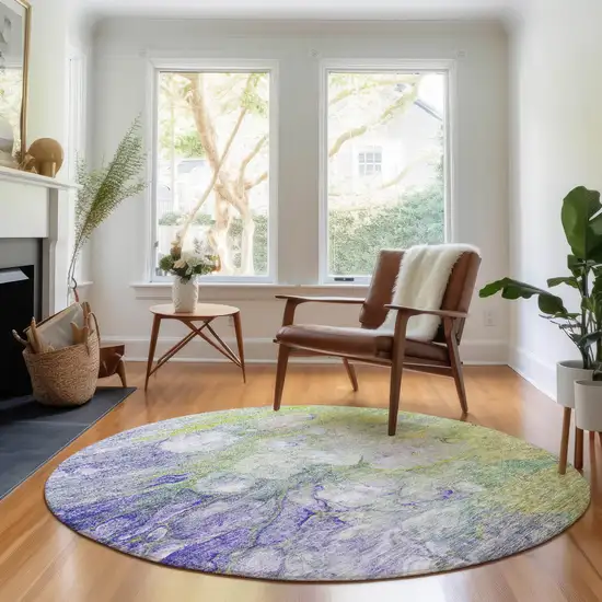 8' Artichoke Green Purple And Ivory Abstract Washable Round Rug With UV Protection Photo 4