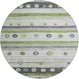 Photo of 8' Artichoke Green Purple And Ivory Round Striped Washable Indoor Outdoor Area Rug