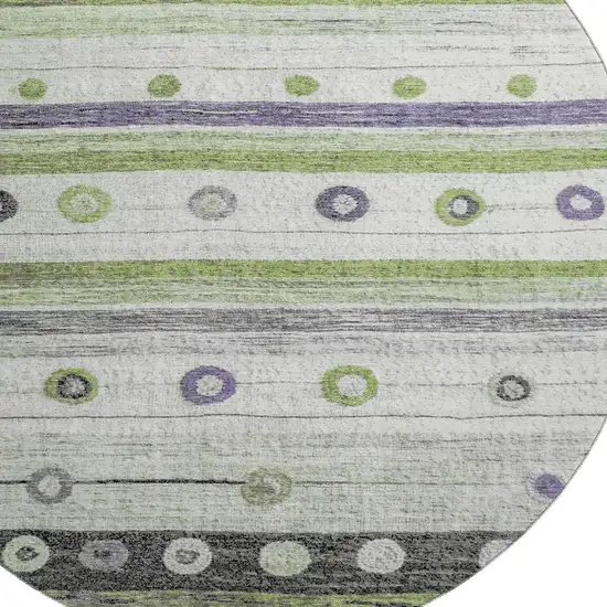 8' Artichoke Green Purple And Ivory Striped Washable Round Rug With UV Protection Photo 3