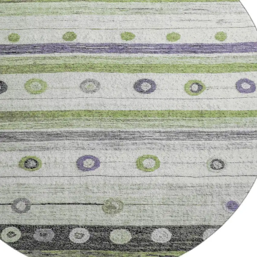8' Artichoke Green Purple And Ivory Striped Washable Round Rug With UV Protection Photo 3