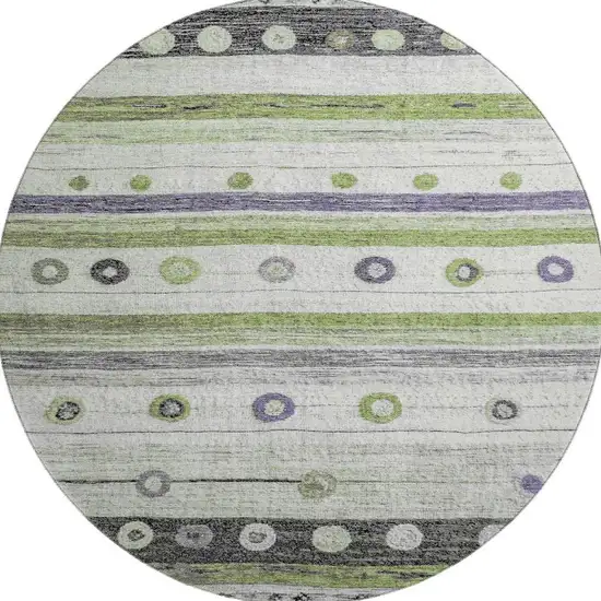 8' Artichoke Green Purple And Ivory Striped Washable Round Rug With UV Protection Photo 4