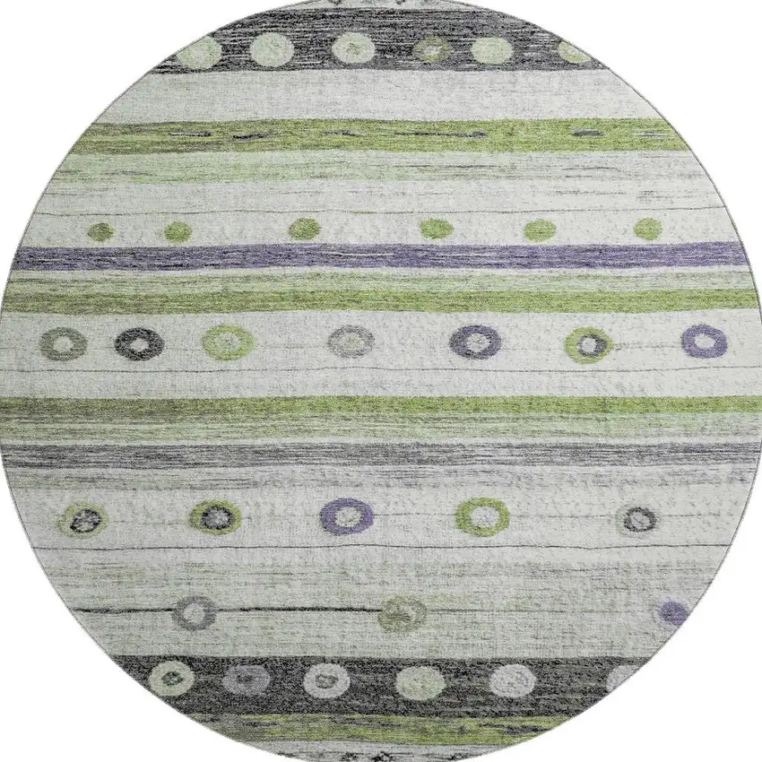 8' Artichoke Green Purple And Ivory Striped Washable Round Rug With UV Protection Photo 4