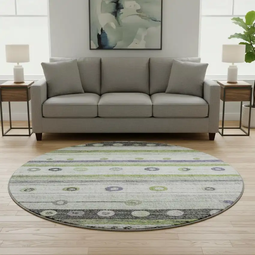 8' Artichoke Green Purple And Ivory Striped Washable Round Rug With UV Protection Photo 2